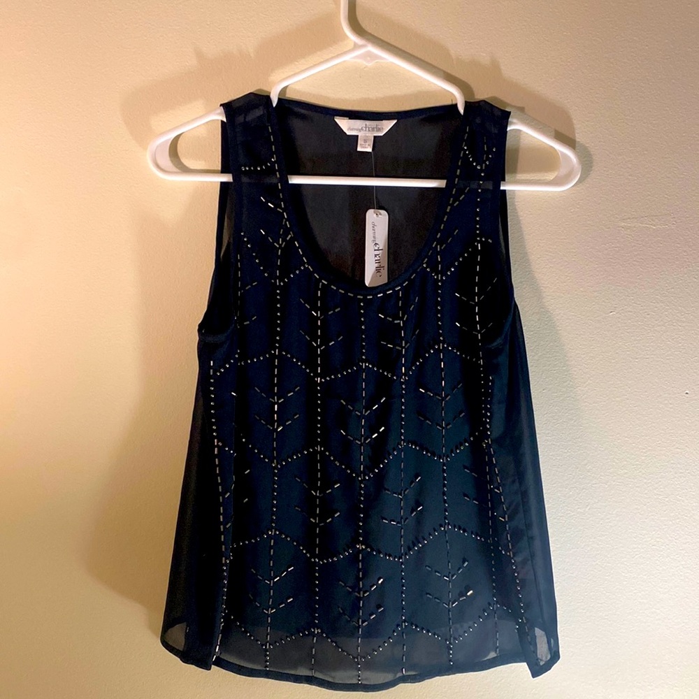 Sheer Black Tank Top with Silver Beading